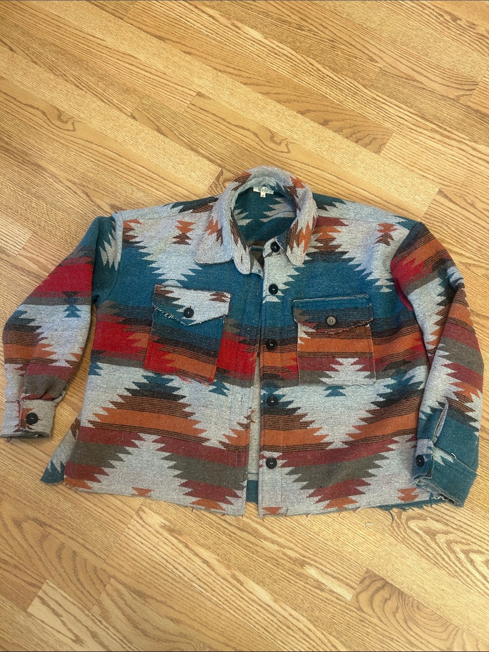 LA MIEL Aztec-Pattern Shirt Jacket in Teal, Rust & Gray Shacket